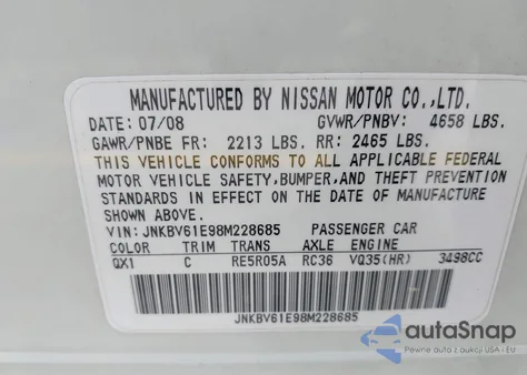 2008 Infiniti G35 z USA, uszkodzony, nr VIN JNKBV61E98M228685